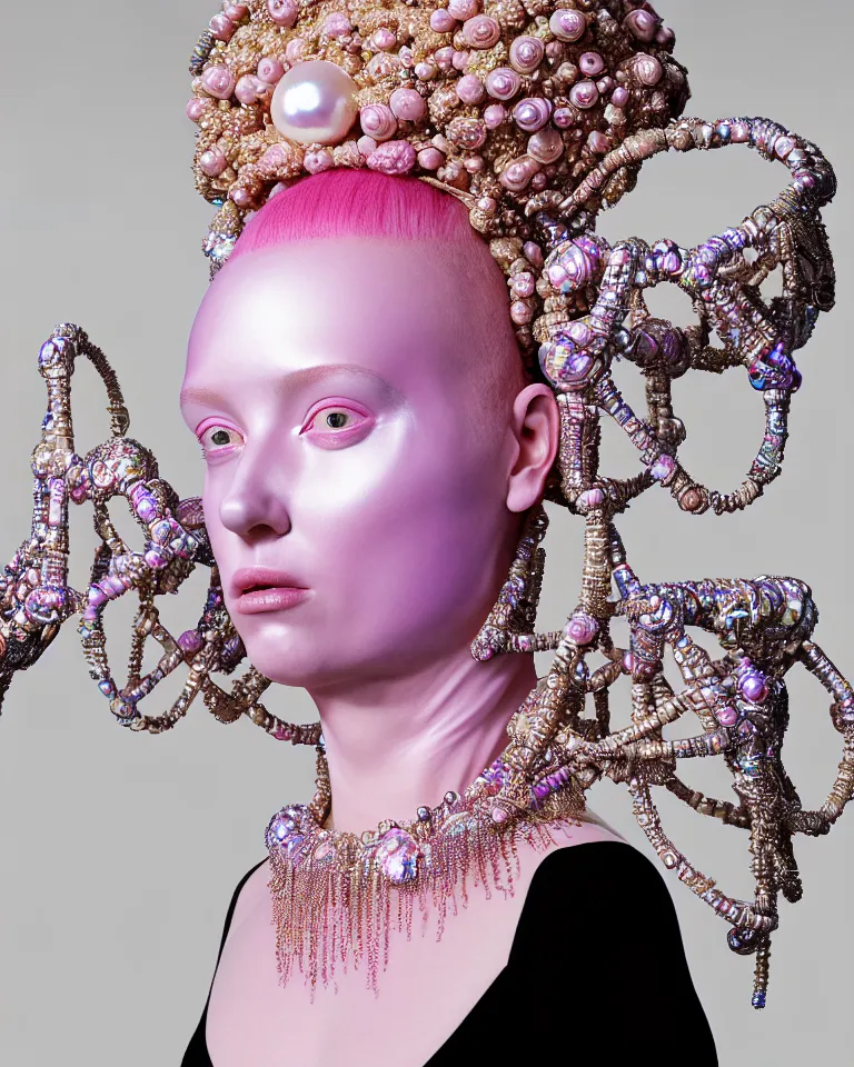 Image similar to portrait of a ethereal byzantine goddess wearing a big pearl studded iridescent beauty mask and pink hair buns, wearing a black bodysuit by alexander mcqueen, cream white background, soft diffused light, biotechnology, humanoid robot, perfectly symmetric, bjork aesthetic, translucent, by rineke dijkstra, intricate details, highly detailed, masterpiece,