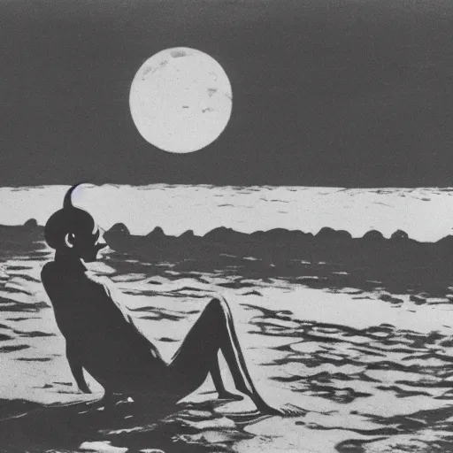 Prompt: nosferatu ( count orlok ) sunbathing at the beach at night time, full moon