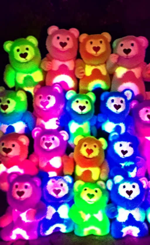 Prompt: care bears at woodshock blacklight style