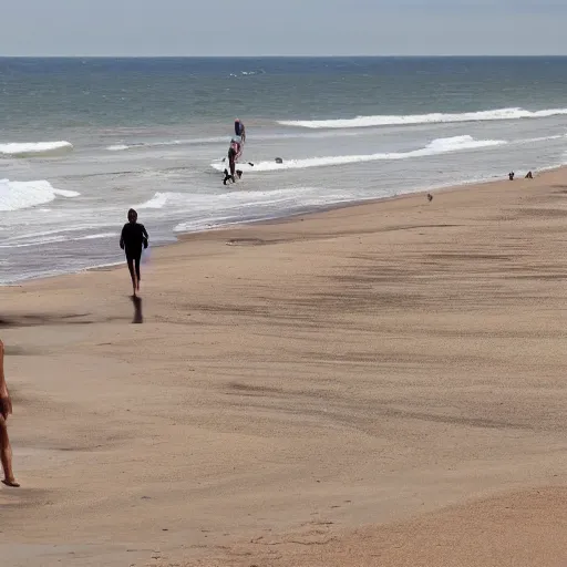 Prompt: a very tall man's dead body on the beach, people are walking on it