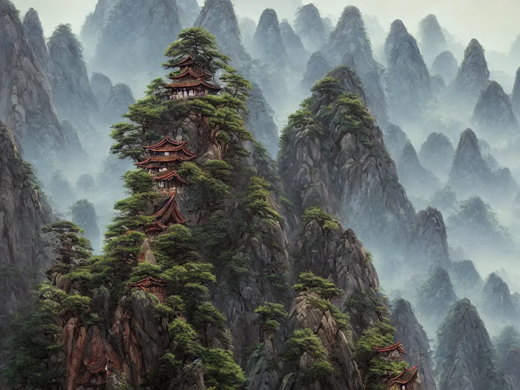 Prompt: beautiful mountainous landscape of huangshan with buddisht and taoist temples on hilltops on a rainy day by federico pelat, andreas rocha, greg rutkowski, artstation, futuristic, sci - fi, hd, 4 k, wide - angle