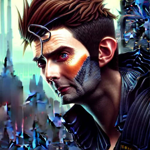 Image similar to portrait painting of a cyberpunk elven david tennant with thin pointy ears, ultra realistic, concept art, intricate details, eerie, highly detailed, photorealistic, octane render, 8 k, unreal engine. art by artgerm and greg rutkowski and charlie bowater and magali villeneuve and alphonse mucha