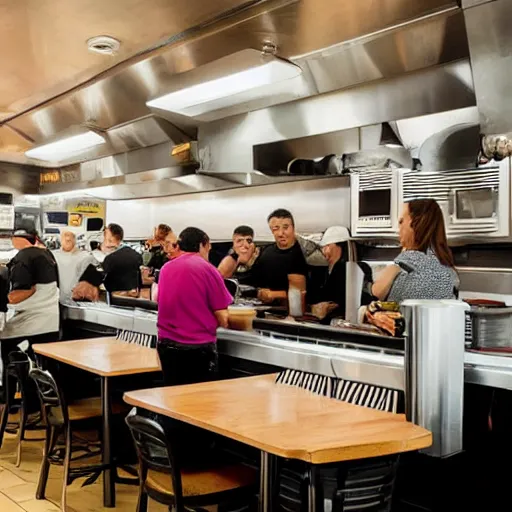 Prompt: busy wafflehouse interior with customers eating breakfast and wafflehouse employees serving food and cooking behind countertop that has food on it
