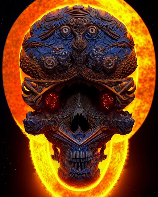 Image similar to 3 d ornate carved dark cosmic warrior with profile portrait, sigma 5 0 0 mm f / 5. beautiful intricate highly detailed quetzalcoatl skull. bioluminescent, plasma, lava, ice, water, wind, creature, thunderstorm! artwork by tooth wu and wlop and beeple and greg rutkowski, 8 k trending on artstation