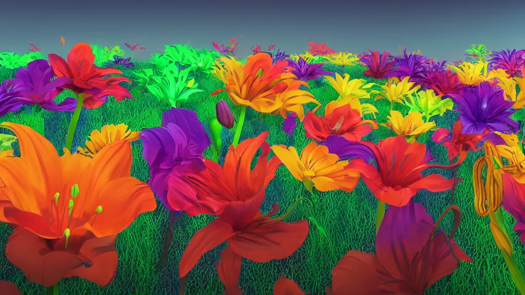 Image similar to first person perspective digital illustration of a field of giant multi-colored lilies by Dr. Seuss, reimagined by Industrial Light and Magic and beeple:1|tpwering megaflora by Dr. Seuss, spectral color, rolling hills, wide angle panoramic:0.9|fantasy, cinematic:0.9|Unreal Engine, Octane, finalRender, devfiantArt, artstation, artstation HQ, behance, HD, 16k resolution:0.8