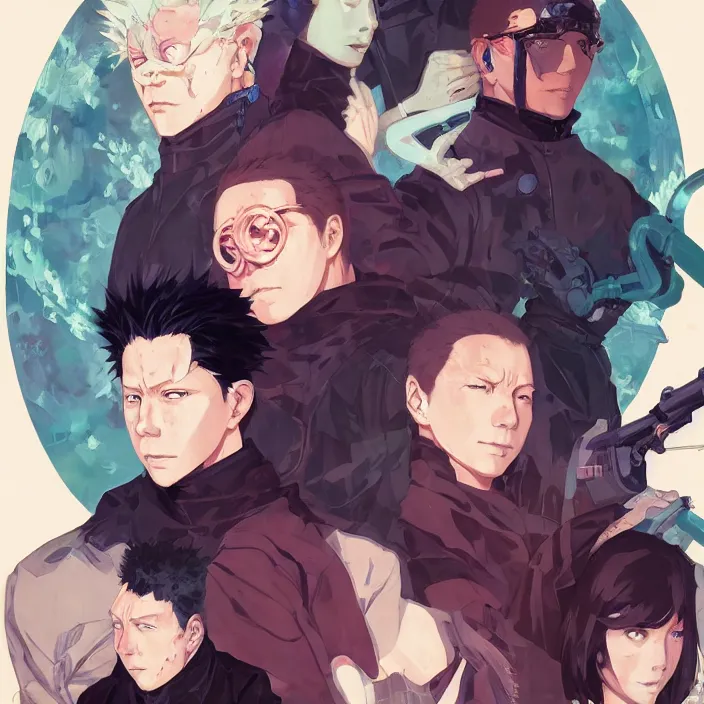 Prompt: anime portrait jujutsu kaisen, futuristic science fiction, mucha, hard shadows and strong rim light, art by jc leyendecker and atey ghailan and sachin teng