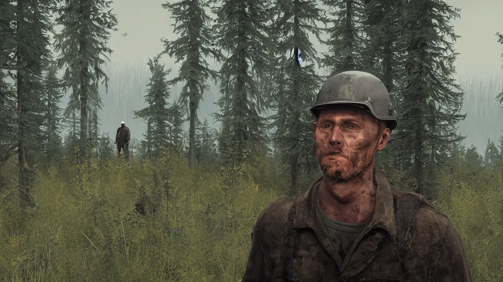 Prompt: portrait of DayZ zombie survival video game 0.62 single adult male with hardhat with full person in the shot, in a forest, serene, hyperdetailed texture, beautiful octane lighting, trending on artstationhq, oil on canvas