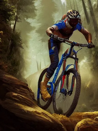 Image similar to handsome man riding a mountain bike in the wild. intricate, elegant, highly detailed, digital painting, artstation, cinematic shot, concept art, sharp focus, illustration, by justin gerard and artgerm, 8 k