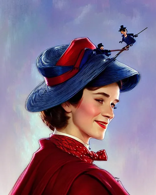 Image similar to Mary Poppins (1964) smiling and looking to the side, D&D, fantasy, intricate, elegant, highly detailed, digital painting, artstation, concept art, matte, sharp focus, illustration, hearthstone, art by Artgerm and Greg Rutkowski and Alphonse Mucha