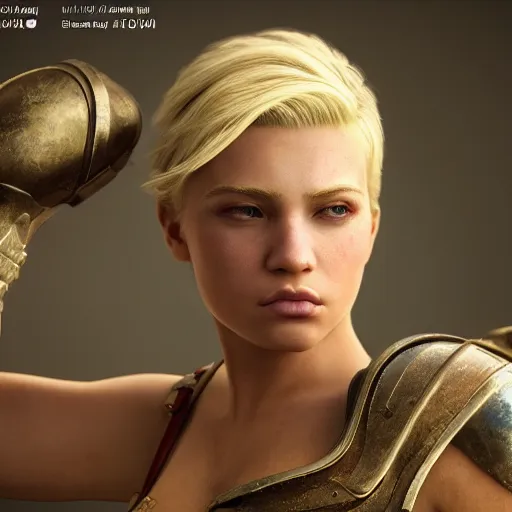 Image similar to A beautiful young blonde warrior ultra realistic octane render, highly detailed