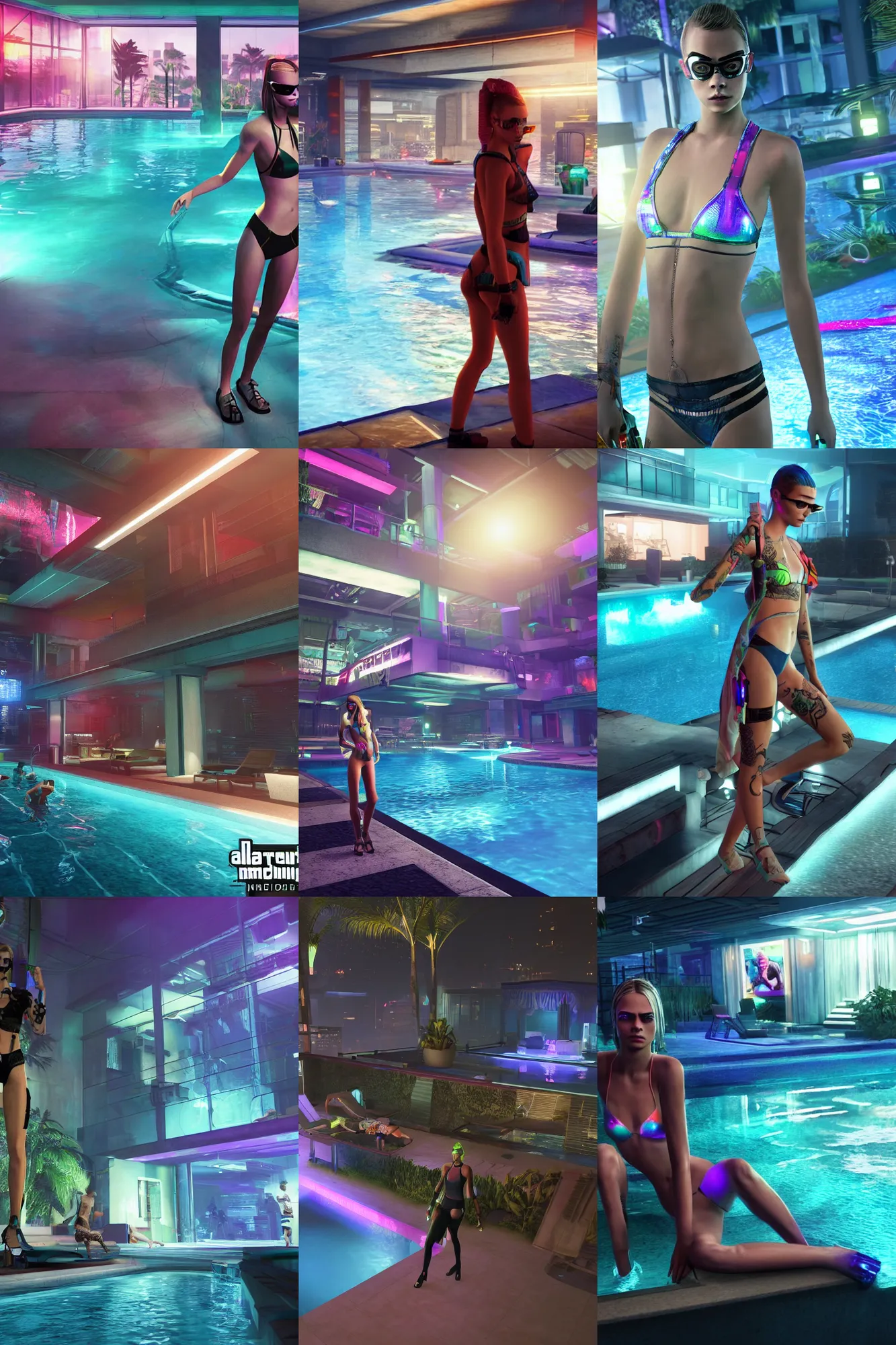 Prompt: A modern indoors pool party with cyberpunk illumination at night. With Cara Delevingne. GTA V In game render.