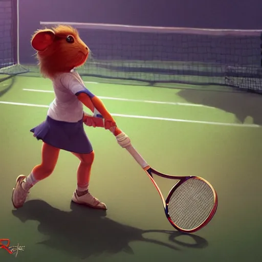 Prompt: a cute guinea pig plays tennis. detailed digital art by greg rutkowski, keith parkinson, marc simonetti, artgerm, artstation, deviantart, 8k, hd