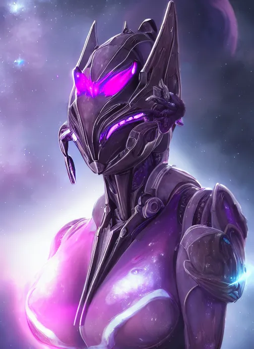 Prompt: detailed cinematic shot, cosmic sized perfectly proportioned stunning beautiful hot female warframe, detailed cyborg mecha female dragon head, metal ears purple eyes, silver armor, fuschia leds, floating in empty space, nebula sized, holding a planet, epic proportions, epic size, epic scale, furry art, dragon art, giantess art, warframe fanart, furaffinity, deviantart