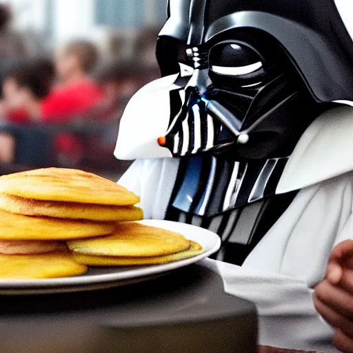 Prompt: A still of Darth Vader eating arepas, 4k, photograph, ultra realistic, highly detailed, professional lighting