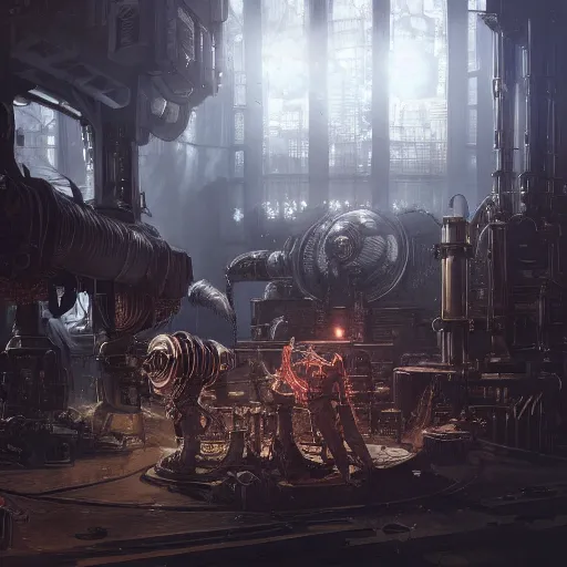 Image similar to adeptus mechanicus techpriest at a forge, by cedric peyravernay and feng zhu, highly detailed, excellent composition, cinematic concept art, dramatic lighting, trending on artstation