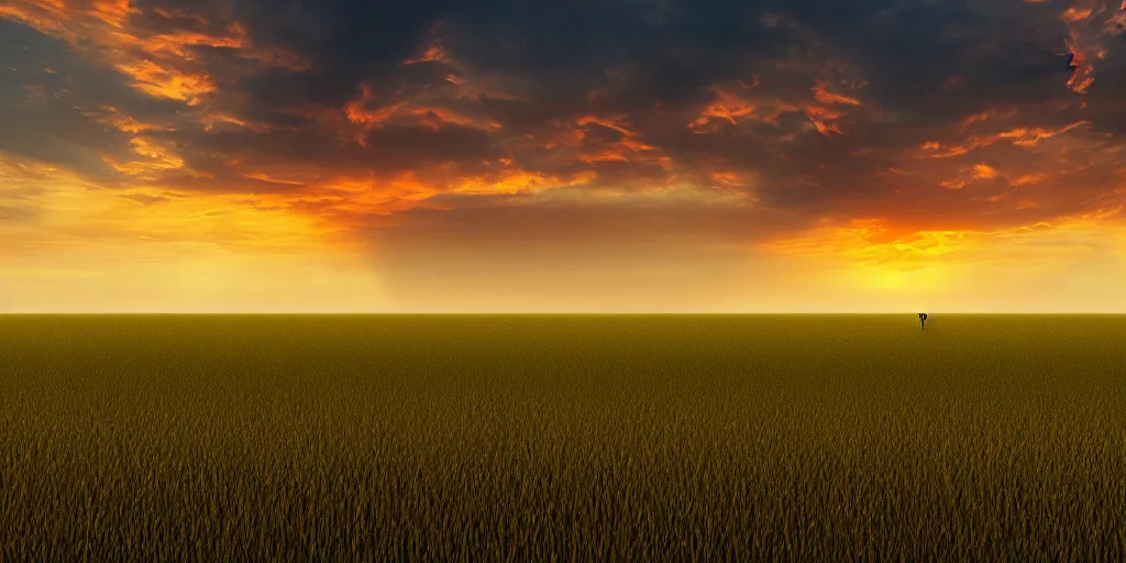 Prompt: empty grass land for miles in every direction s small walks in the distance on the horizon puffy strom clouds in the distant sky at beautiful sunset, rule of thirds, hyper detailed, digital art, thick brush strokes, insane complexity, trending on artstation, red and yellow