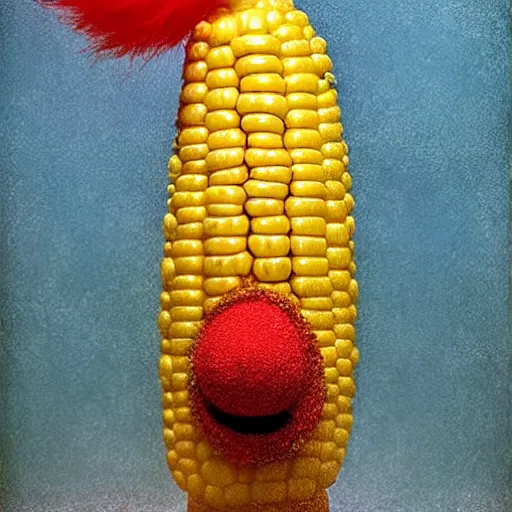 Image similar to UHD photorealistic Cosmic Corn on The Cob wearing a clown costume with real clown makeup in the style of tonalism