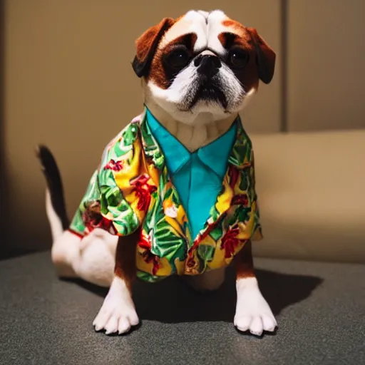 Prompt: a volatile pugalier wearing a hawaiian shirt, living in the city, disney character, cartoonish, claymation, photo by wes anderson