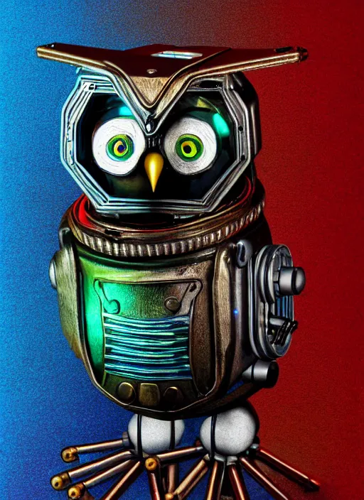 Prompt: colored pencil and pen drawing of an animatronic robot owl, bird made from rusty old keys and padlocks, cosmic background, 8 k photorender realityengine