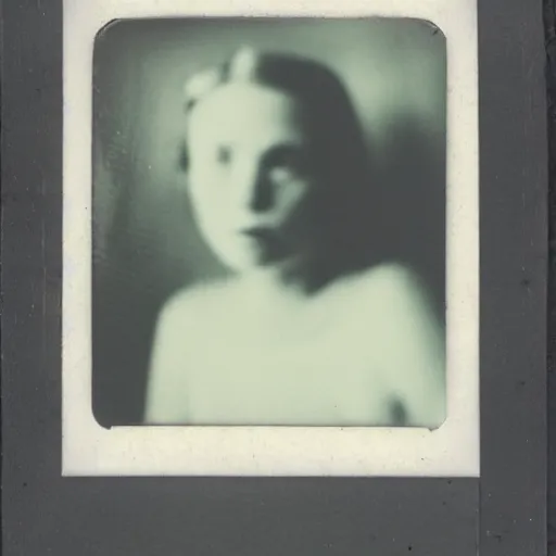 Image similar to an aged polaroid portrait of a beautiful young woman at night, detailed clouds, stars are visible in the sky, heavy film grain, color bleed