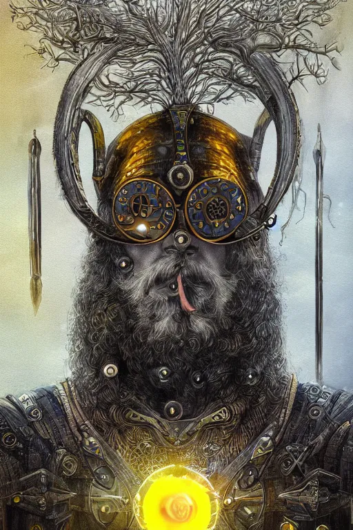 Image similar to mythological high-tech viking odin all father Shaman of artificial intelligence creating an artificial neural network, deep learning creation, with yellow synapses on an anvil, high resolution, award winning art, trending on art station, sharp image, incredibly detailed, detailed character realistic painting