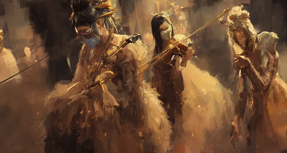 Image similar to craig mullins and ghibli digital art of on the stage, one masked female violinists ， exotic costumes, gold jewelry, black hair, realistic shading, cinematic composition, realistic render, octane render, detailed textures, photorealistic, wide shot