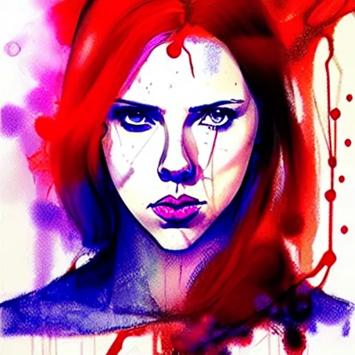 Image similar to phil noto, pretty scarlett johansson black widow, symmetrical eyes, long red hair, full body, by agnes cecile and moebius and envi bikal, very luminous design, pastel colours, ink drips, autumn lights