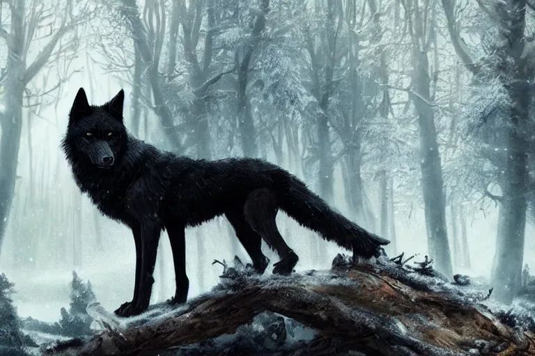 Image similar to a black wolf, standing on top of a fallen tree, winter forest, fantasy, greg rutkowski, cinematic, extremely detailed