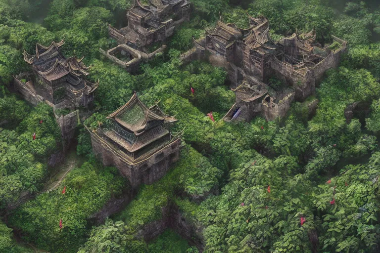Image similar to giant ancient chinese castle in an forest with some ivy plants on the walls, by zhang zeduan, qiu ying, tang yin, cinematic, epic, dramatic lighting from above, dark, vines, fantasy, dust, unreal engine, octane, highly detailed, concept art, dark, super realistic