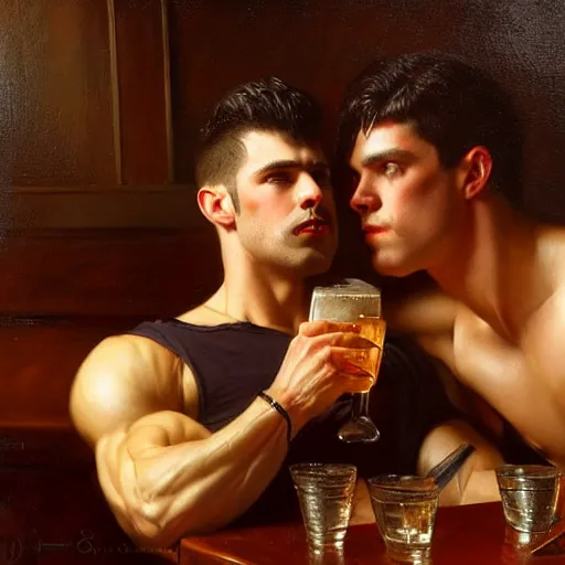 Image similar to attractive muscular male with dark red hair with muscular attractive male with black hair, drinking their hearts out, in a pub. very defined and highly detailed painting by gaston bussiere, j. c. leyendecker, craig mullins 8 k