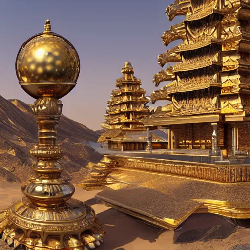 Image similar to photograph, realistic hyper detailed hardsurface modelled 3 d geometry, houdini destruction of aminimalist design temple, tarnished gold sphere is far far in the distance, deep perspective, wide angle, insanely detailed and intricate,, eal, gold, silver red, paradise hospital environment,