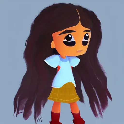 Image similar to Concept art of a 12yo cute indigenous little girl Pixar-style with a white t-shirt with red sleeves and regular blue jeans with cool shoes, her hair and eyes are imbued with fire powers trending on artstation Even Amundsen