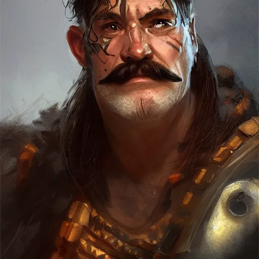 Prompt: portrait old barbarian warrior with trucker mustache and short hair, 8 k, trending on art station, by tooth wu and greg rutkowski