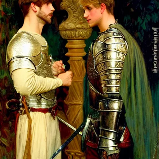 Image similar to attractive fully clothed arthur pendragon confesses his love for his attractive fully clothed male knight. highly detailed painting by gaston bussiere and j. c. leyendecker 8 k