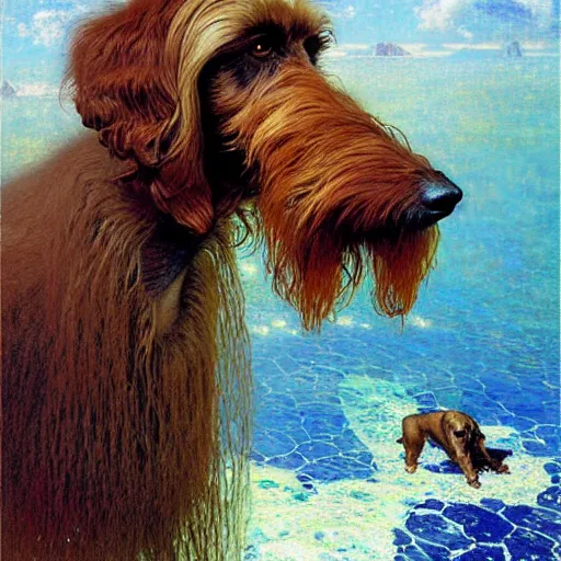 Prompt: portrait of a male furry afghan hound dog in a swimsuit. shadowrun furaffiniy cyberpunk fantasy highly detailed painting by gaston bussiere craig mullins jc leyendecker gustav klimt artgerm greg rutkowski john berkey, bergey, craig mullins, ruan jia, raymond swanland, jeremy mann, tom lovell, alex malveda