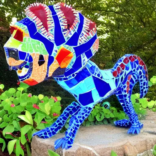 Image similar to mosaic sculpture of a alebrije chimera!!!, irregularly shaped mosaic tiles, pottery shards, in the style of folk art, in a cottagecore flower garden