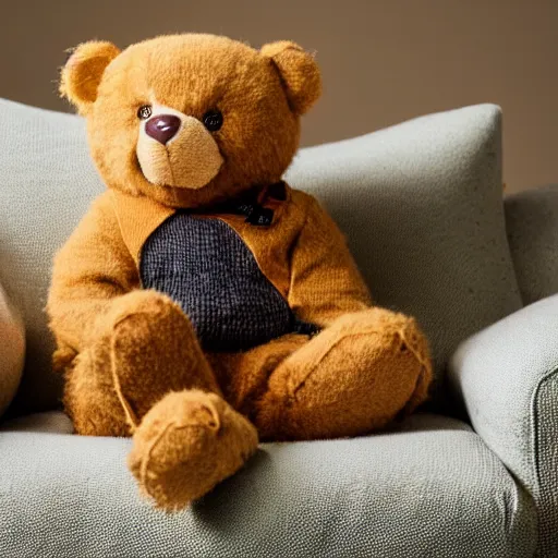 Image similar to a teddy bear with an unnerving smile wearing a sweater vest sitting on a couch, 4 k photo