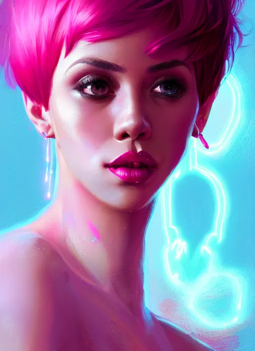 Image similar to portrait of vanessa morgan with bright pink hair, curly pixie cut hair, intricate, elegant, glowing lights, highly detailed, digital painting, artstation, concept art, smooth, sharp focus, illustration, art by wlop, mars ravelo and greg rutkowski