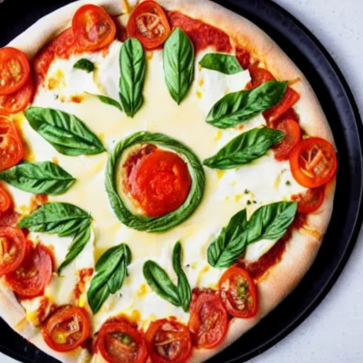 Image similar to a pizza with eyes and fingers and tomatoes cheese on it, top view