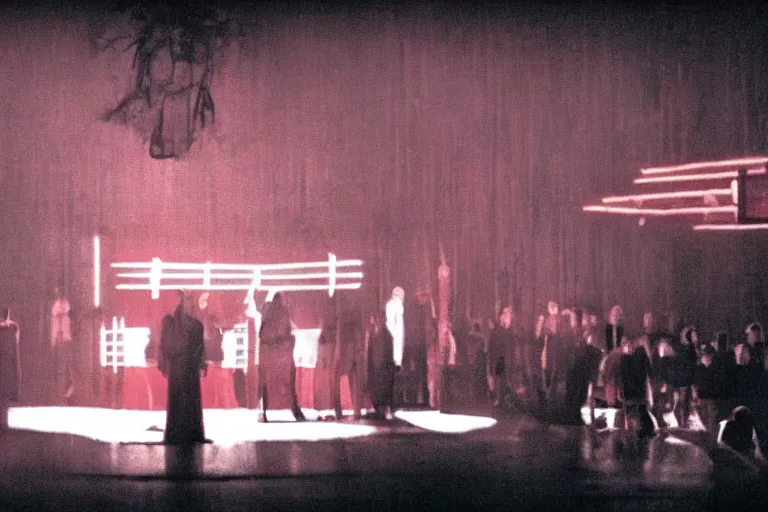 Prompt: a dark conference hall, people cheering at the man on stage, atmospheric and obscure, red neon light, by roger deakins, cinematography, syd mead, dave mckean