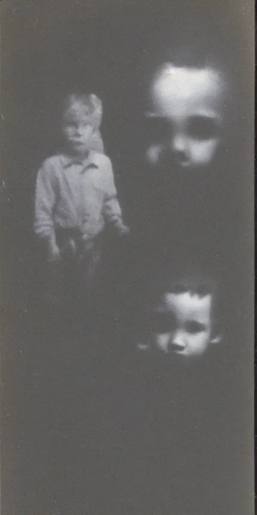 Image similar to found polaroid photo of a young boy with a horrifying shadow demon with glowing eyes looming behind him in a musty basement, detailed real photo