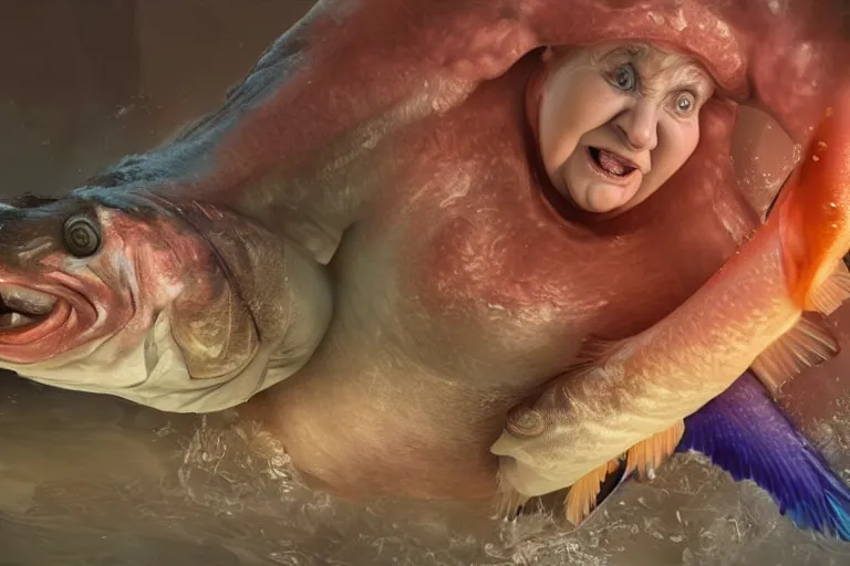 Prompt: of a very beautiful scene. ambient occlusion render. a sweet fat old woman is giving a birth to a huge colorful fish. hyper realistic. 4 k. wide angle. wild. symmetrical face, red mouth, blue eyes. deep focus, lovely scene. ambient occlusion render. concept art. unreal engine.