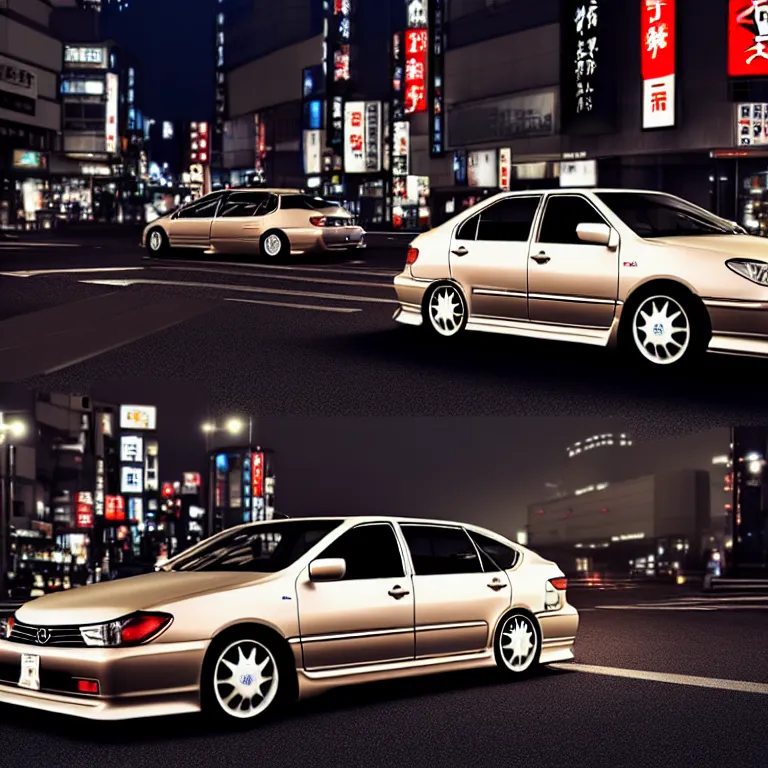 Image similar to Toyota Aristo, detailed-wheels, Shibuya prefecture, cinematic lighting, photorealistic, highly detailed, night photography