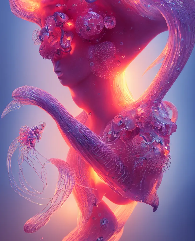 Image similar to goddess close-up portrait ribcagel. jellyfish phoenix head, nautilus, orchid, skull, betta fish, bioluminiscent creatures, intricate artwork by Tooth Wu and wlop and beeple. octane render, trending on artstation, greg rutkowski very coherent symmetrical artwork. cinematic, hyper realism, high detail, octane render, 8k