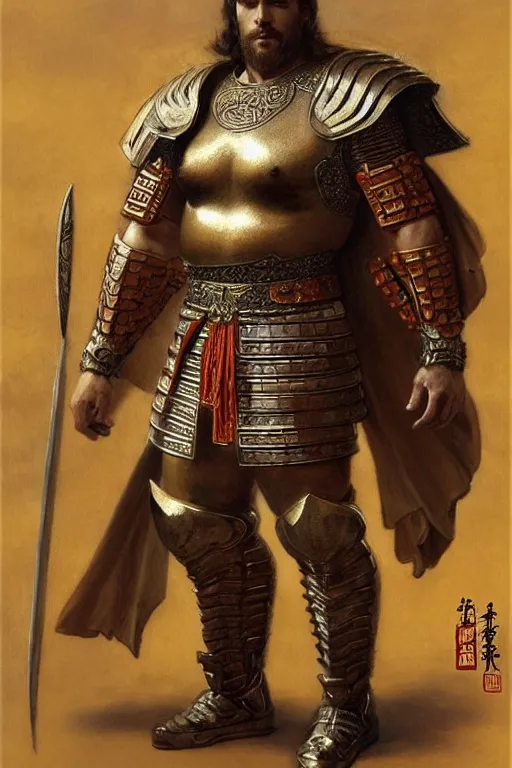 Image similar to attractive beefy male with armor, cloisonnism, ancient china, three kingdoms, character design, painting by gaston bussiere, craig mullins, j. c. leyendecker, tom of finland