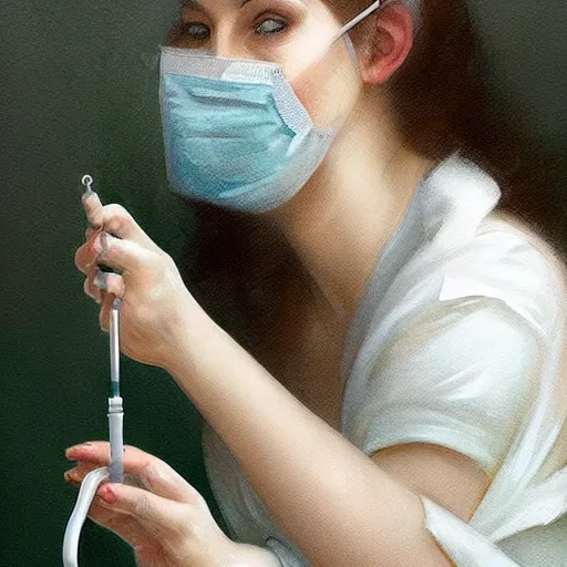 Prompt: epic portrait an female nurse in white dress and short sleeves wearing a mask and holding a syringe, digital painting, artstation, concept art, soft light, hdri, smooth, sharp focus, illustration, fantasy, intricate, elegant, highly detailed, D&D, matte painting, in the style of Greg Rutkowski and Alphonse Mucha and artemisia, 8k, highly detailed, jurgens, rutkowski, bouguereau, pastoral, rustic, georgic, detailed concept art, illustration, colorful pastel, painting, detail, ultra detailed, digital art, 4K,