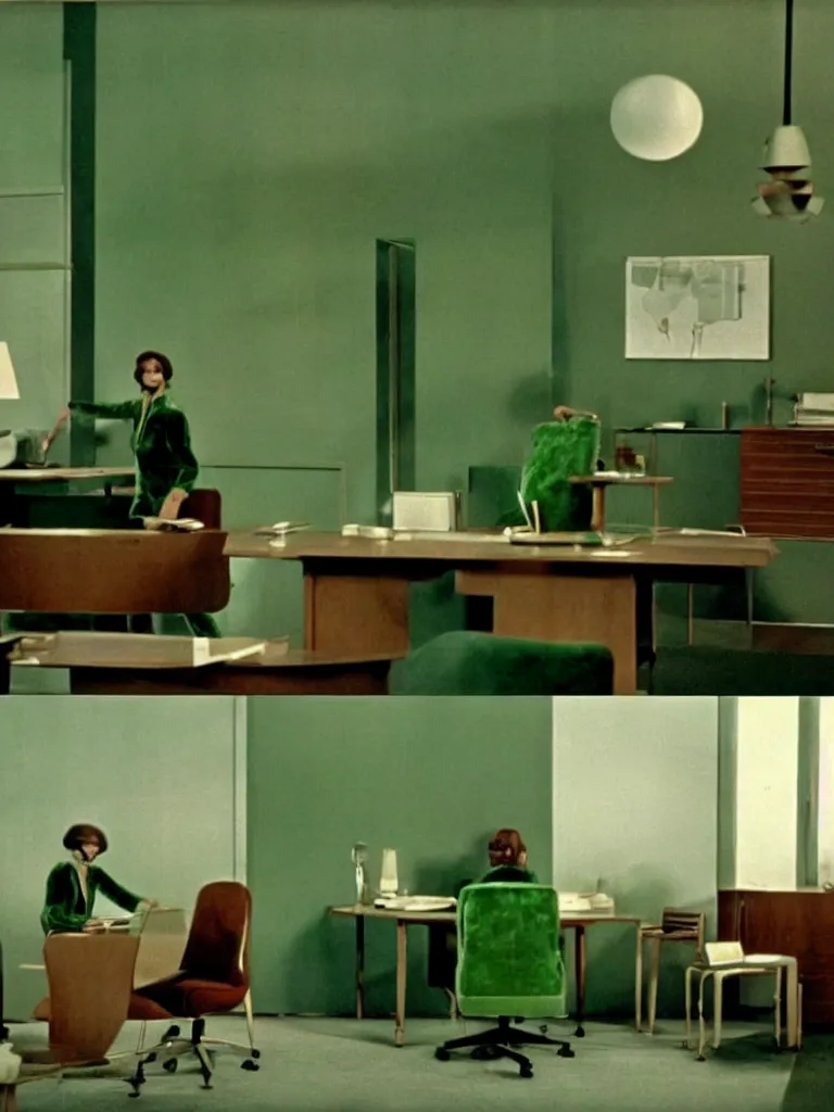 Image similar to a still of severance series indoor 7 0 s green velvet and wood with metal furniture office scenario appearing in a film of jacques tati, in movie playtime ( 1 9 6 7 ) color