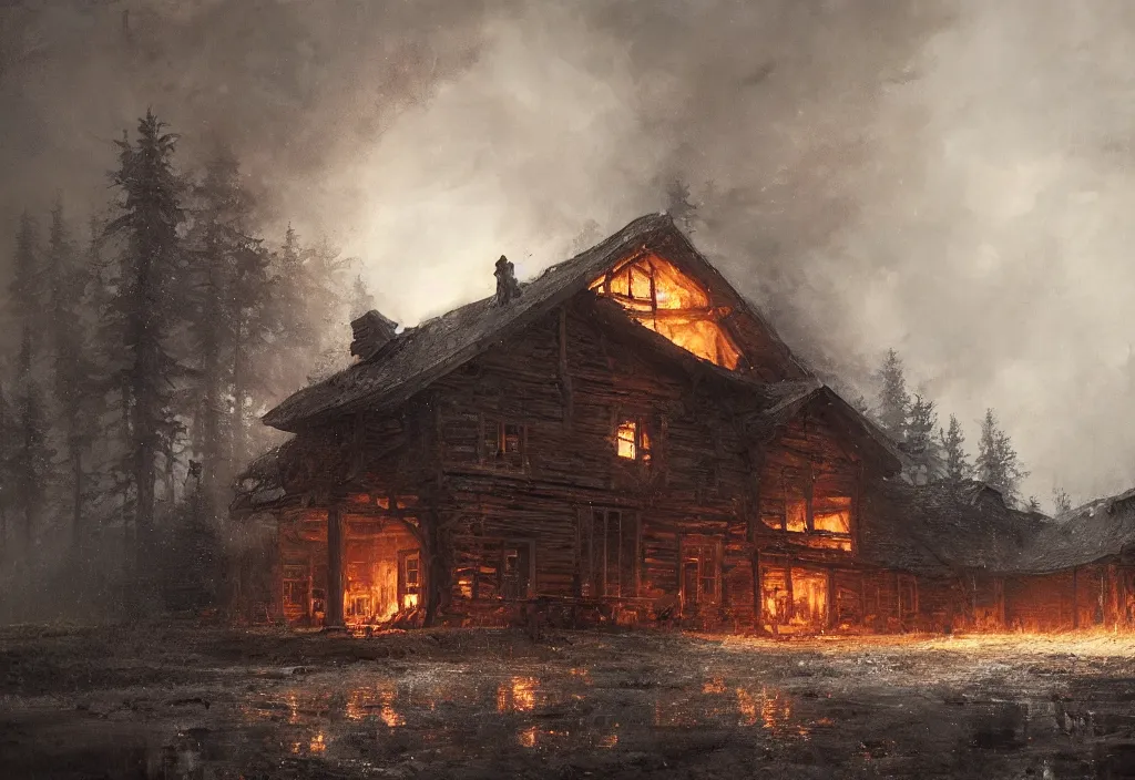 a white wolf in front of a large burning timber house, | Stable Diffusion