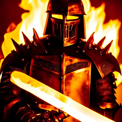 Image similar to photo of a real-life hell knight with a flaming sword