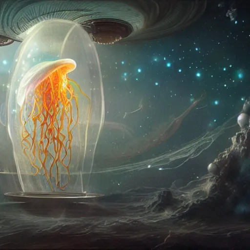 Prompt: a hyperrealistic illustration of a jellyfish in space, visible inside is a city with lights, award-winning, masterpiece, in the style of Tom Bagshaw, Cedric Peyravernay, Peter Mohrbacher